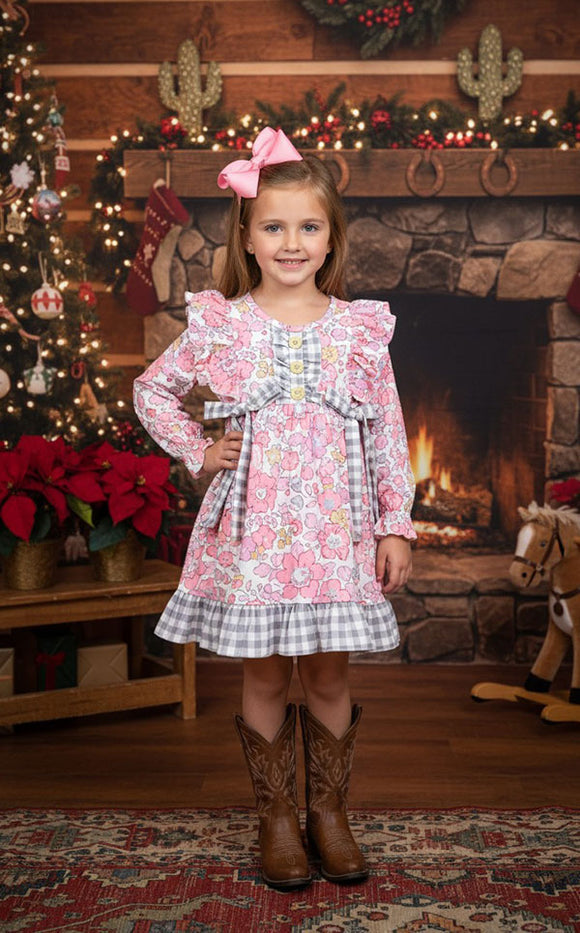 Floral printed & grey plaid ruffle long sleeve girls dress 12188MZ (A2S2)