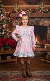 Floral printed & grey plaid ruffle long sleeve girls dress 12188MZ (A2S2)