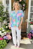 XCH15900 Multi color printed V-neckline short sleeve women top w/trim FS3