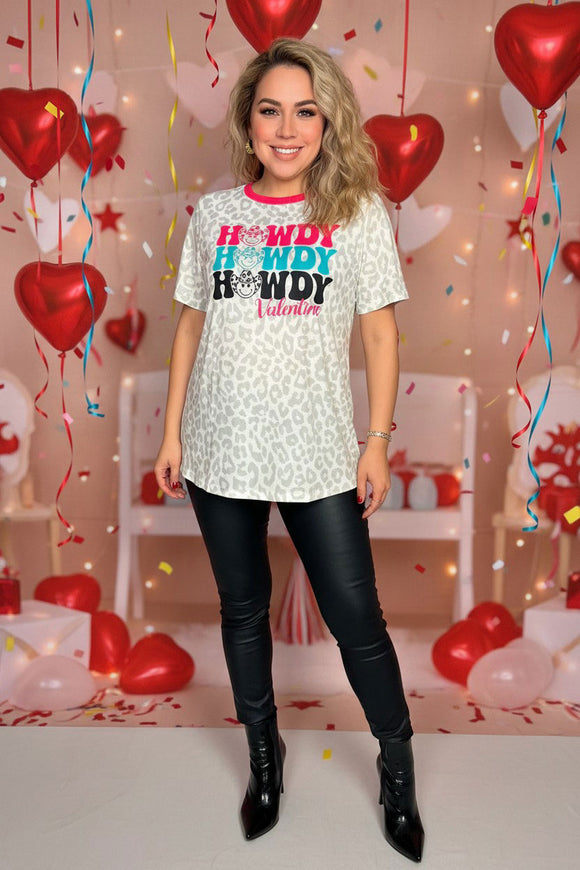 Smile face & HOWDY Valentine leopard printed top w/short sleeve XCH14602