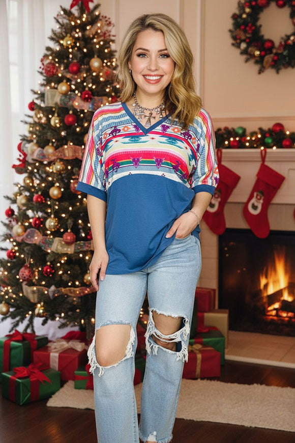 Bull/Aztec& Blue block solid color printed short sleeve women top GJQ9673-3 HS3