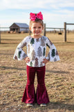 Christmas Green & Leopard trees print top velvet bell bottom 2pc girls sets DLH2823 A9S3