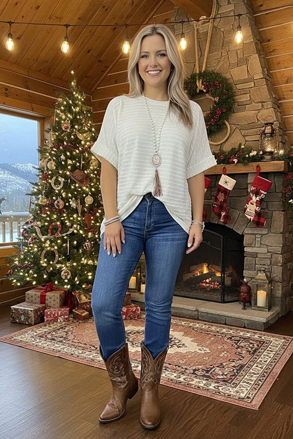 Ribbed knitted fabric off white short sleeve loose style women top GJQ15717 FS6