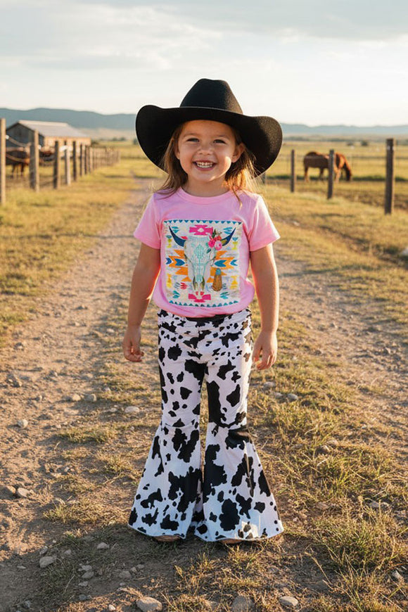 Western Pink cow & aztec print short sleeve girls t-shirt DLH1215-31