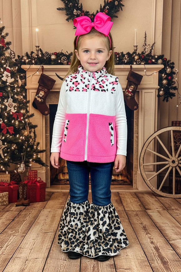 Leopard & white & pink fleece sleeveless girls vest XCH02030