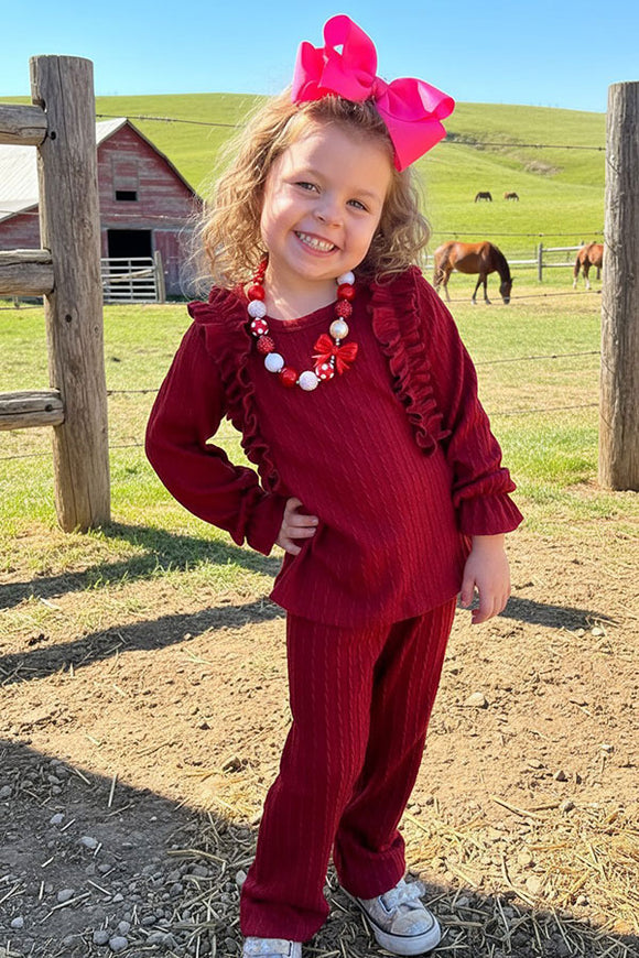 Burgundy knitted ruffle long sleeve top pant 2pc girls clothing sets DLH2814 (A10S5)