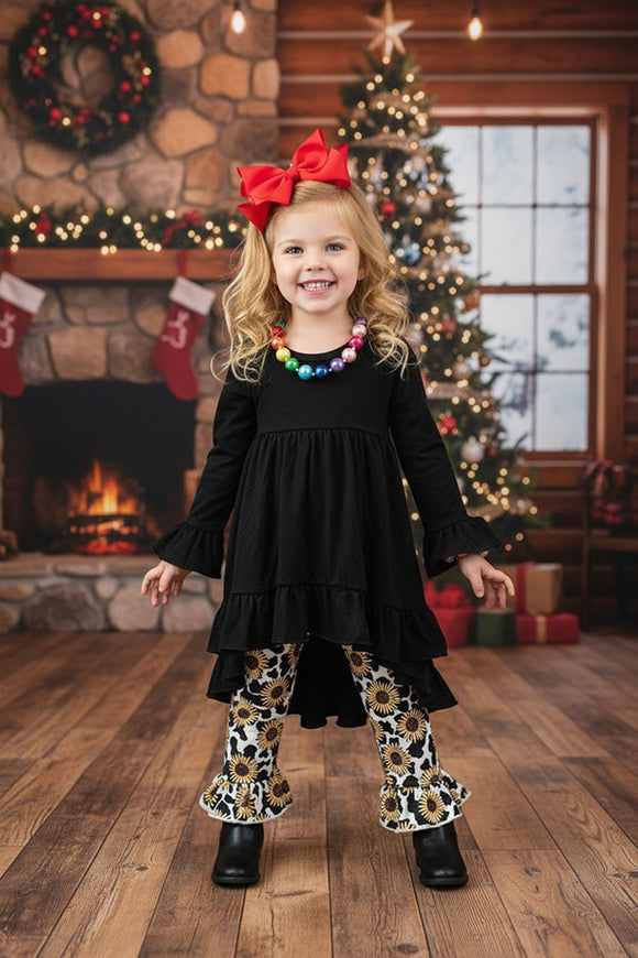 Black high low long sleeve top sunflower & ruffle legging girls sets DLH2539 (A6S8)