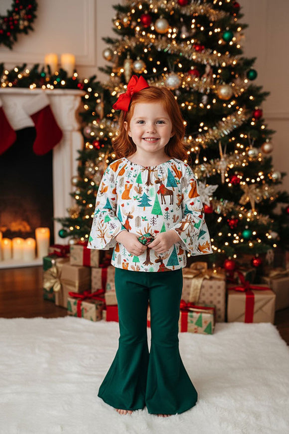 Christmas prints top green bell bottom girls set XCH0015-3H  A9S7