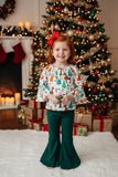 Christmas prints top green bell bottom girls set XCH0015-3H  A9S7