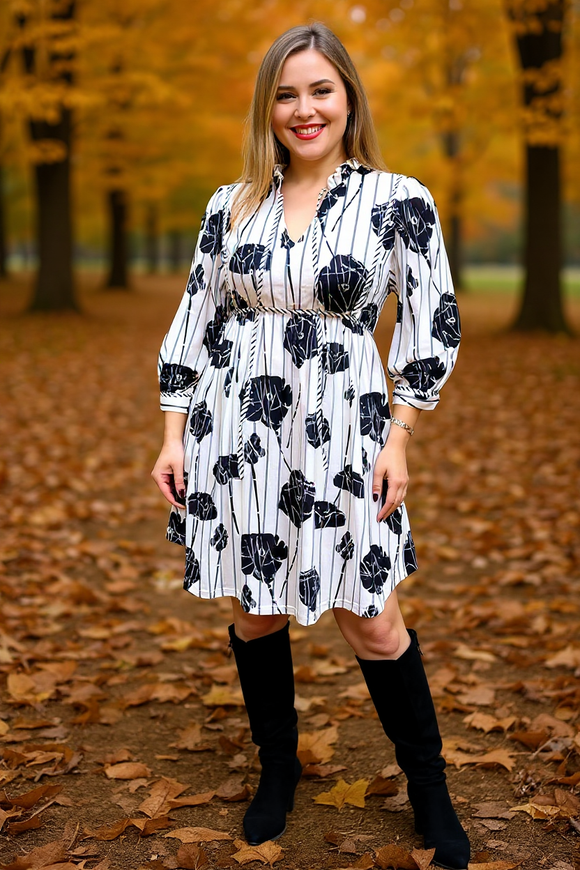 Women dress w/Black floral & stripes with trim & 3/4 sleeves GJQ16068 (BS1)