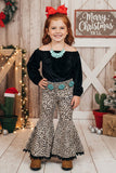 Black velvet off shoulder top leopard bell bottom 2pc girls sets w/pompoms DLH2481 (A6S8)