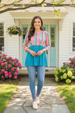 Striped & floral printed & turquoise color block 3/4 sleeves GJQ9144 (FW11)
