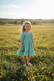 Spring Green plaid gathered & ruffles short sleeve cotton girls dress XCH03015 (A2S4)