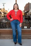 Plus size Red knit fabric lace patch long sleeve women blouse BQ15976 FS6