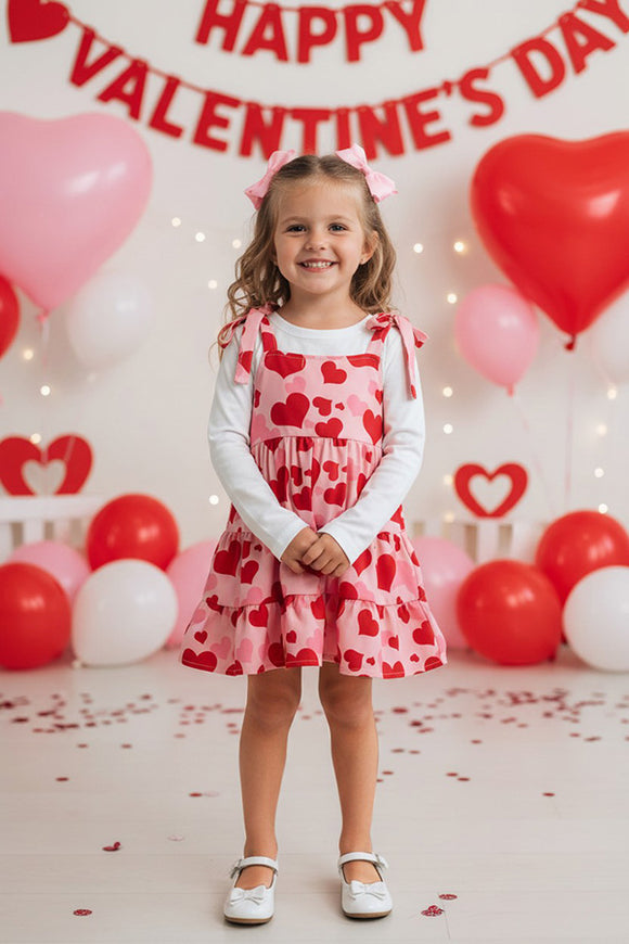 White long sleeve top & hearts printed swirl dress 2pc girls set XCH08001