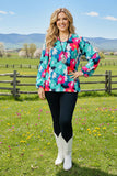 XCH15700 Turquoise/Teal multi color floral printed long sleeve w/elastic cuff women tops GF