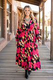 Fuchsia floral printed long sleeeve women maix dress with elastic waist GJQ16279 (BS8)