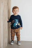 Dinosaur printed blue top & yellow stripes pant 2pc boy's set 250944M