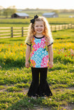 Colorful leopard prints top black bell bottom girls clothing sets XCH04003 (A10S5)