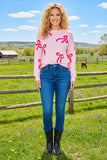 Bows printed & pearls pink long sleeve women shirts XCH16785