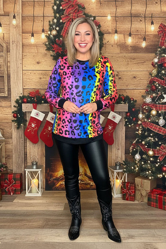 BQ11125 Multi color leopard printed long sleeve top w/black cuff & bottom trim (ES4)