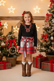 DLH2821 Knit cotton black long sleeve top flannel plaid skirt girls sets (A10S4)