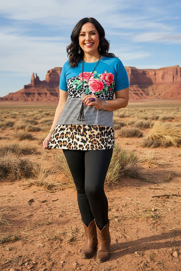 Leopard, floral & striped multi color blue printed short sleeve top XCH10859  (DS6)