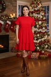 Women dress wholesale red tiered w/ruffle & pockets and puff sleeves BQ15874 (BS9)