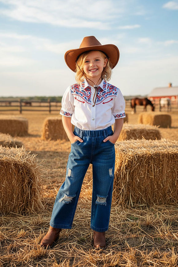 Western washed blue denim fabric girls jeans with holes DLH2663