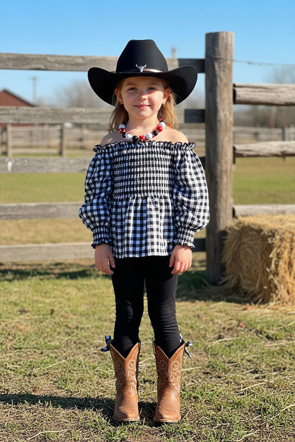 Black/white checkered top black legging girls outfit sets DLH2818 (A10S5)