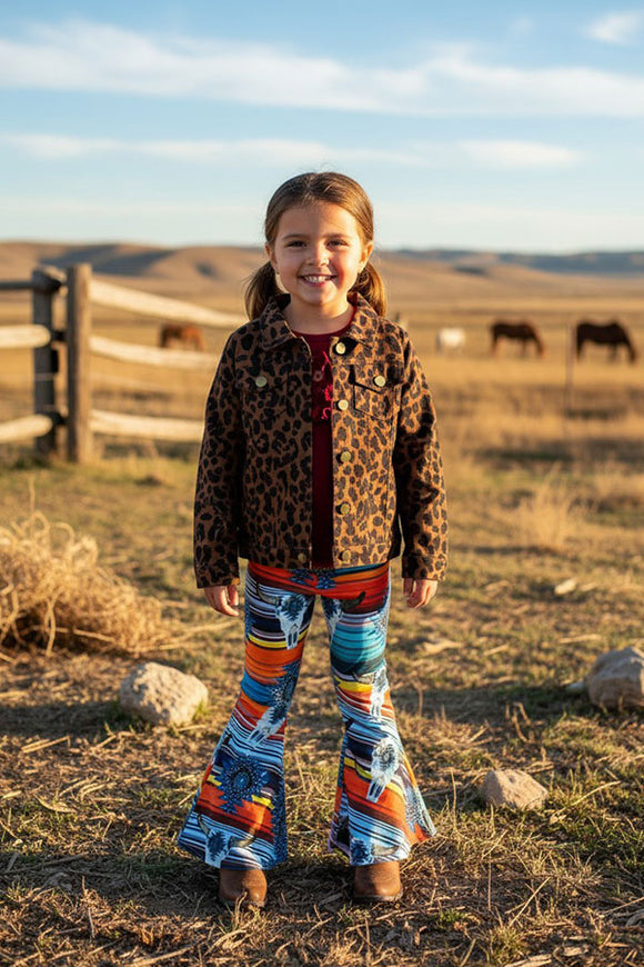 Denim Brown leopard short style long sleeve girls jacket DLH2583 (A11S5)