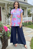 GJQ15842 Purple floral printed V-neckline short sleeve w/ruffle women tops.(DS4)/FS3