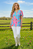 XCH15913 Fuchsia floral tie-dye printed short bell sleeve V-neckline women blue tops GF