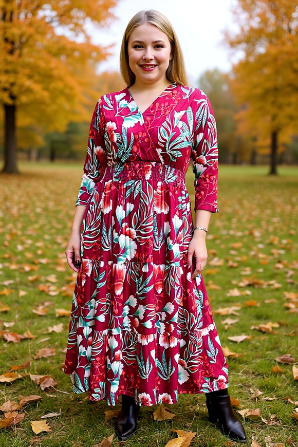 Burgundy floral printed 3/4 sleeves women maxi dress & pleats front v-neckline BQ16304 (A1S1F) AS1
