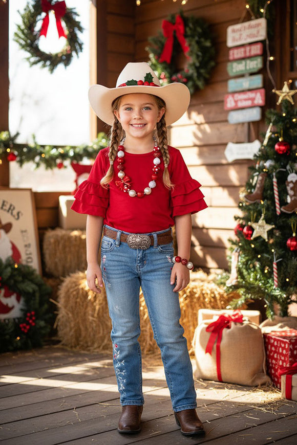 Red triple ruffle half sleeve girls top XCH01004 (A7S7)