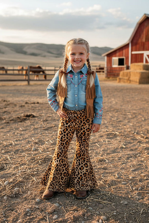 Western denim brown leopard bell bottom jeans girls pant DLH2744 (A11S7)