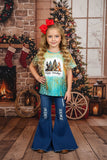 Turquoise Happy holidays tree printed short sleeve girl t-shirt XCH0722-9H A9S6