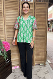 Pink floral emboridery puff sleeves green women blouse XCH16810