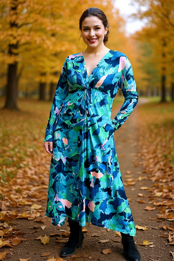 Bule painting printed twist long sleeve women dress w/v-neckline BQ16322 (AS1)