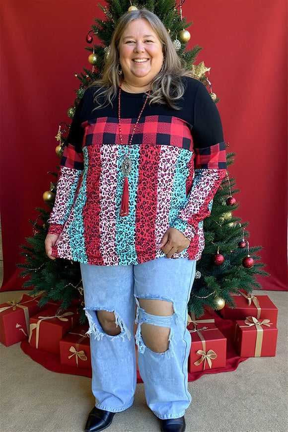 Christmas checked & colorful leopard & black long sleeve women tops BQ14014
