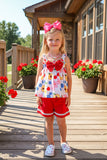 Girls clothing sets wholesale Flower & fruit prints top & red shorts 2pc kids sets DLH2878 (A8S9)