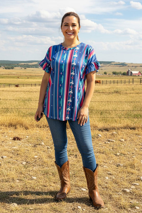 Multi color Aztec/Cowboy printed short sleeve/ruffle women blouse FW10191 (DS4)