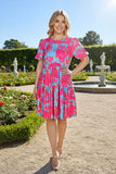 Women's midi dress suppliers fuchsia & turquoise floral & puff short sleeves BQ16008 AS14