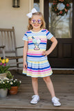Shop Multi color striped top & pompoms & skirt 2pcs girls sets DLH2872 (A8S6)