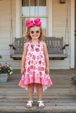 XCH0888-19H Kids pink plaid strawberry printed dresses (A1S1)
