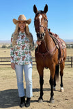 Western horse riding & cactus printed mesh long sleeve women top XCH16922