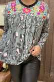 XCH14775 Camo/Leopard printed multi color embroidery black neckline long sleeve women tops