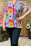 XCH15807 fuchsia/yellow Colorful floral printed short sleeve w/folded ruffle women tops