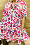 XCH15818 Teal&fuchsia multi color leopard printed short sleeve women loose dress