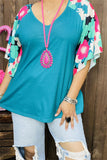 XCH15714 Floral multi color printed short /bell sleeve teal women tops &raglan design